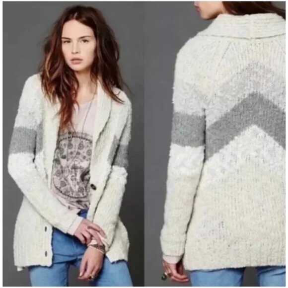 Free People Shawl Collar Gone Askew Stripe Cable Knit Long Cardigan Sweater M - Picture 1 of 14